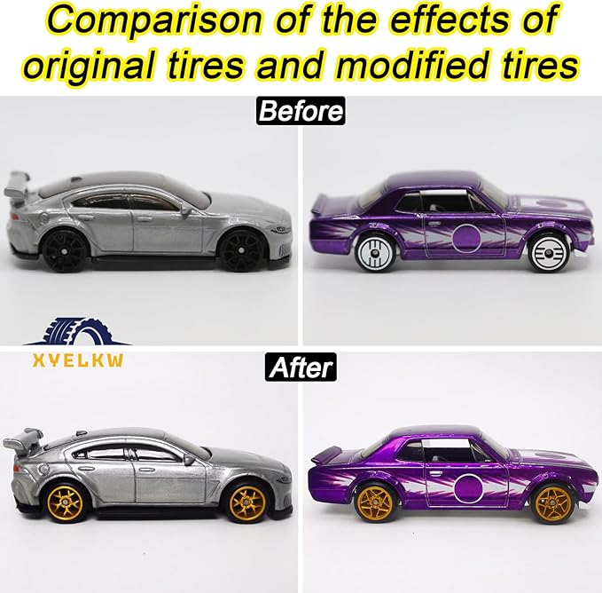 1/64 Wheels and Tires Set, 10-Pack 1 64 Scale Wheels with 10 for 1/64 Diecast Cars Upgraded and Modified Rubber Tires(Diameter 0.43in/11mm) (Gold)