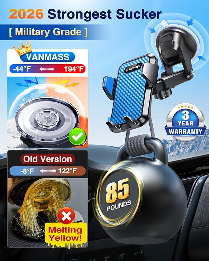 VANMASS【85+LBS Strongest Suction & Military-Grade Ultimate Car Phone Mount【Patent & Safety Certs】 Cell Phone Holder for Dash Windshield Vent for iPhone 17 Pro Max Automobile Accessory Kits,Light Blue