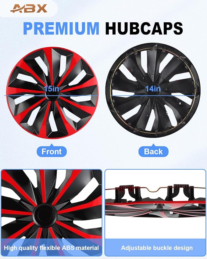 ABX Hubcaps,15 inch hubcaps Set of 4, Wheel Rim Cover ABS Material, Snap On Car Truck SUV Replacement, for Toyota Camry Nissan Mazda etc, Black & Red