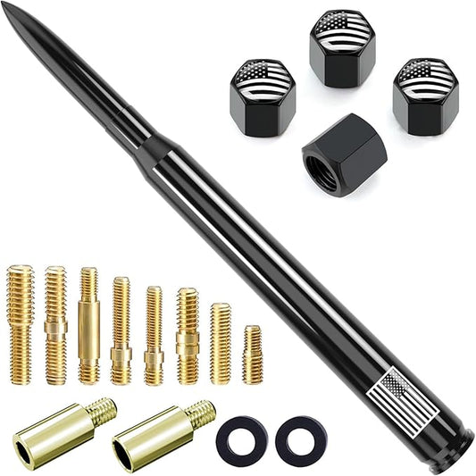 8" Car Truck Bullet Antenna with Tire Valve Caps American Flag Universal Replacement for GMC Sierra Chevy Silverado Dodge Ram 1500 2500 3500 Ford F150 F250 F350 Super Duty Raptor Accessories Black