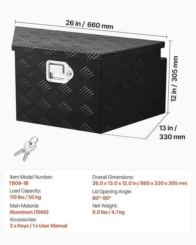 VEVOR Trailer Tongue Box, Heavy Duty Trailer Tongue Tool Box Storage Organizer with Lock & Keys, Utility Tool Chest for Pickup Truck Bed, RV, SUV, Off-Road Vehicle, Aluminum, 26" x 13" x 12", Black