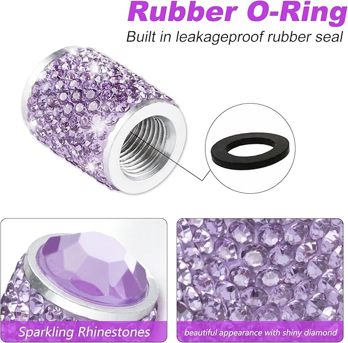 Alpmosn Car Wheel Tire Valve Caps, 4 PCS Bling Tire Valve Caps, Crystal Tire Caps Shinny Rhinestone for Women, Universal Car Dustproof Tire Valve Caps for Cars, Trucks, SUV and Motorcycles (Purple)