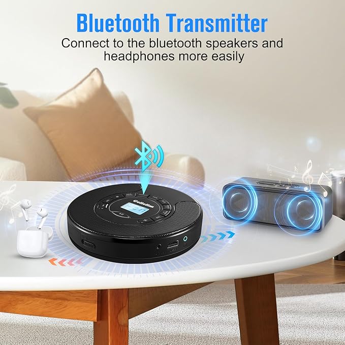 Gelielim Portable CD Player, CD Player for Car with Bluetooth and FM Transmitter, CD Music Player with Dual Stereo Speakers, Anti-Skip Protection, AUX/USB Port, 2000mAh Rechargeable Battery