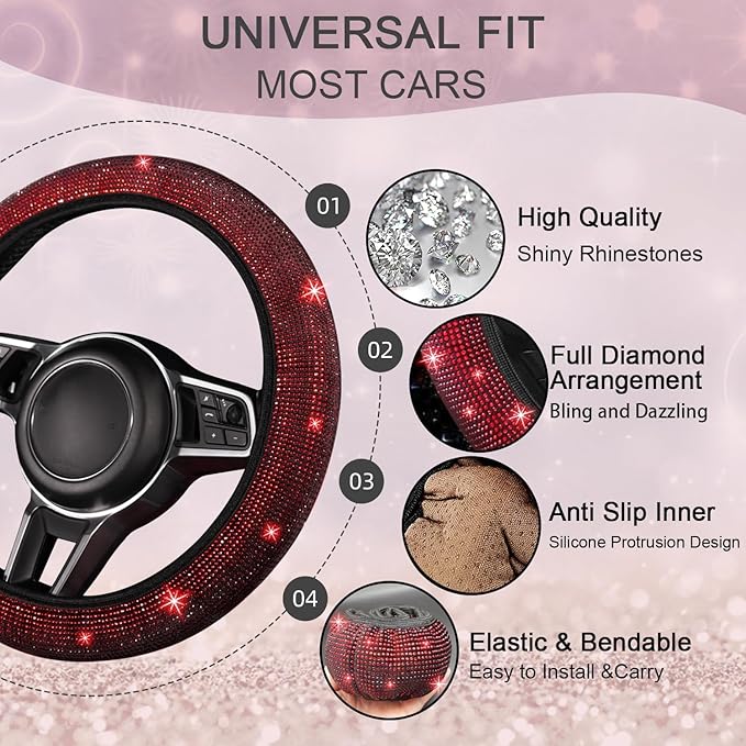 NBTEPEM 12 Pcs Bling Car Accessories Set for Women Car Floor Mats Full Set Steering Wheel Cover Seat Belt Covers Coasters Universal Fit Car SUV Truck Van Red