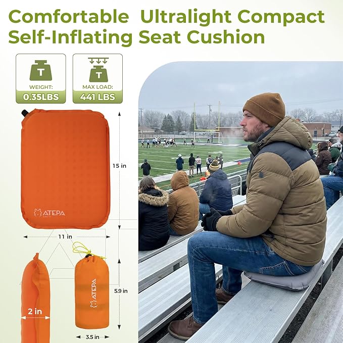 ATEPA Inflatable Seat Cushion, Compact Self-Inflating Seat Cushion for Stadium Airplane Air Travel Bleacher Camping, Blow Up Foam Seat Pad for Outdoor Sports Events Backpacking Hiking Sitting