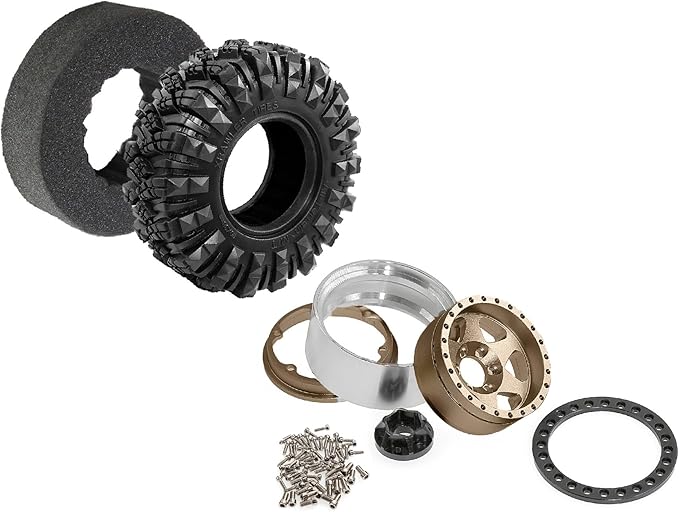 STMU Negative Offset 10.4mm 1.9 Beadlock Wheel Rims Aluminum and 1.9 RC Crawler Tires 4.33 Inch OD Foam Inserts for Traxxas TRX4 Axial SCX10 SCX10 II III RBX10 Redcat Gen 8 (Brown)