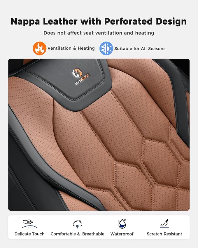 Huidasource Seat Covers Full Set, Universal Fit for Most Cars SUV Trucks, Full Coverage Leather Seat Cover, Airbag, Cupholder Compatible, Seat Function Retain, Easy Install with Velcro, Black & Brown