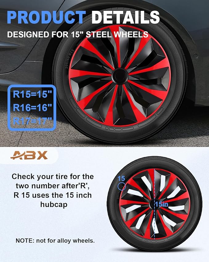 ABX Hubcaps,15 inch hubcaps Set of 4, Wheel Rim Cover ABS Material, Snap On Car Truck SUV Replacement, for Toyota Camry Nissan Mazda etc, Black & Red