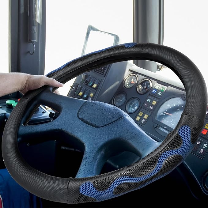 DaisyInner 15 Inch Truck Steering Wheel Cover Leather Wheel Semi-Truck Comfy Grip Cover Anti Slip Car Accessory, Fits Rv, Big Rig and Classic Car (Blue, Classic Style)