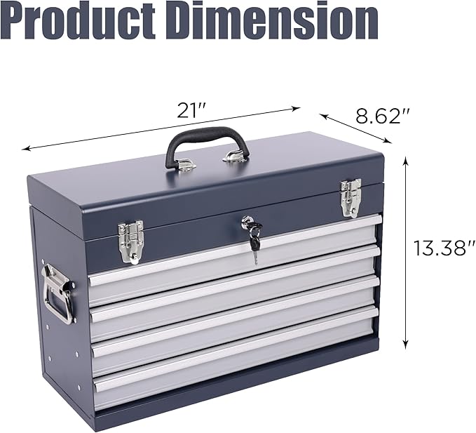 21" Portable 4 Drawer Steel Toolbox, 5 Layers of Tools with Metal Latches, with Top Storage Tray and Carrying Handle, Multi-Function Tool Chest for Garage, Home,or Workbench（grey）