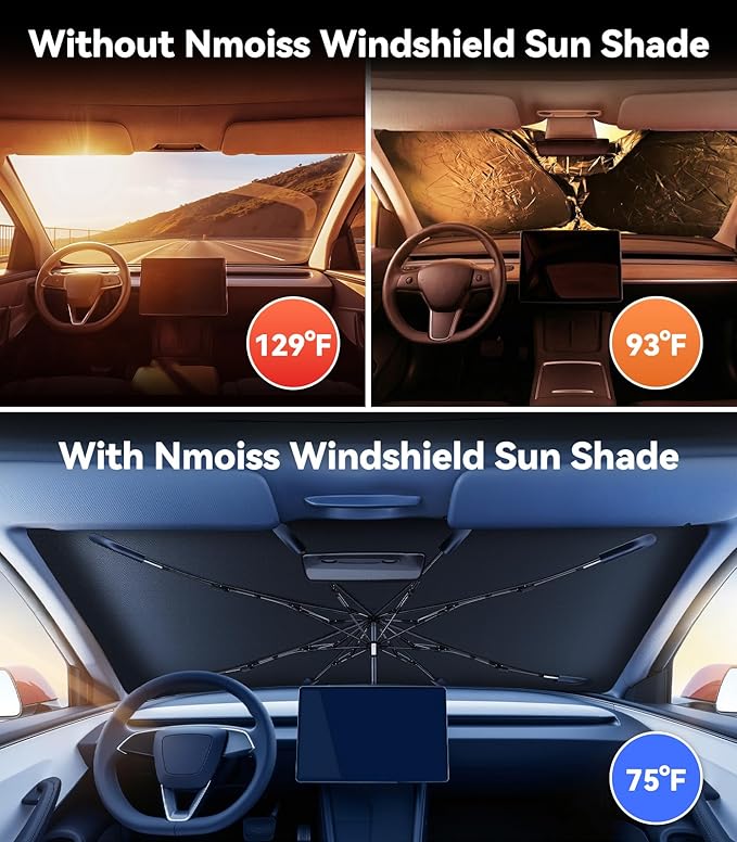 Nmoiss Windshield Sun Shade Umbrella for Tesla - [Vinyl Coating Heat Shield] Protect Car from Sun Rays & Heat Damage Keep Cool and Protect Interior, Spring Structure Edge