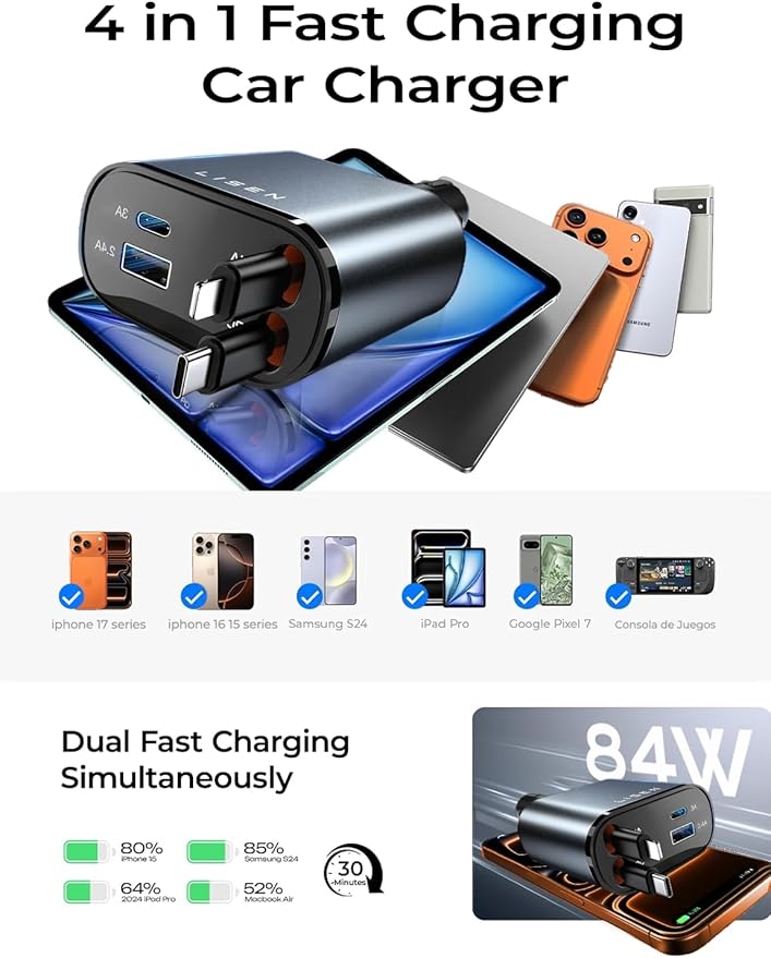 LISEN Retractable Car Charger, 84W Car Charger USB C Fast Charger Adapterfor iPhone, Travel Essentials Car Accessories for Men Women, Gifts for Fathers Day for Men Women for iPhone 17 16 15 14 13 12