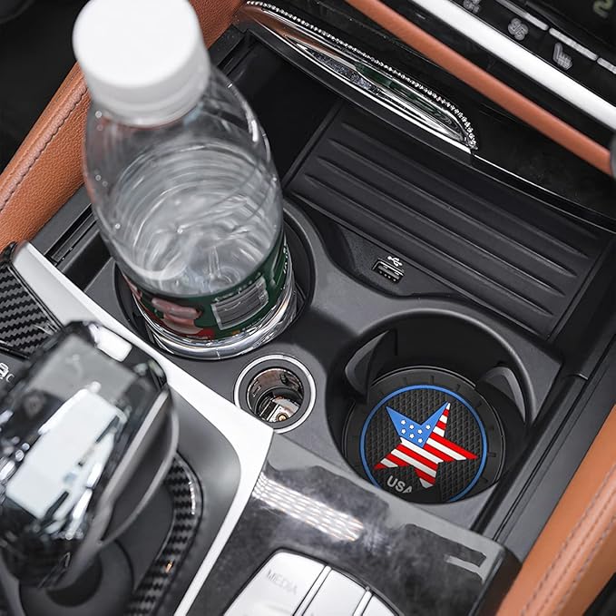 AUCELI 4 Pack Car Cup Holder Coasters, Colored American Flag US Flag Insert Car Cup Coaster, 2.75 Inch Anti Slip Shockproof Embedded Drink Mat, Vehicle Interior Decor Accessories