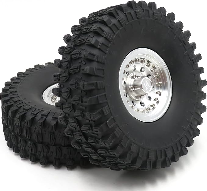 4pcs 1.9 Beadlock Wheels and Tires Height 120mm Tyre & Aluminum Rims with Heavy Metal Rings for 1/10 RC Mud Crawler Truck SCX10 TRX4 CC01, HS700651