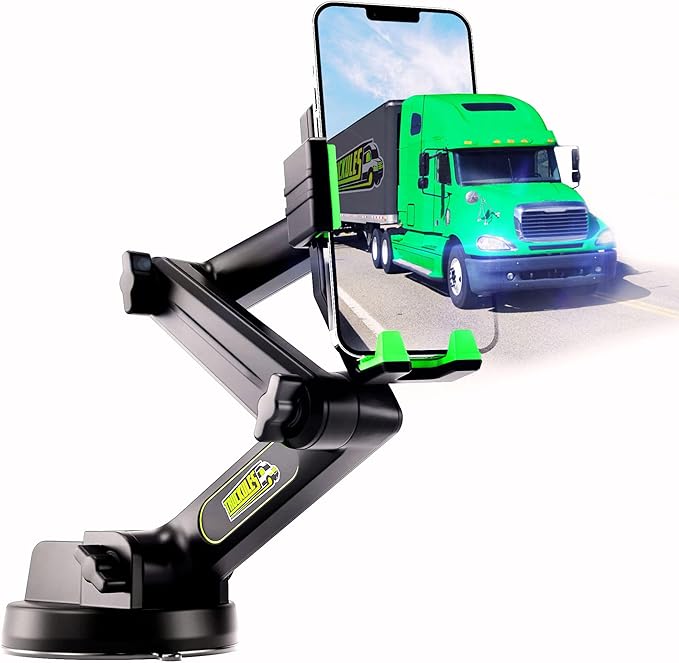 Cell Phone Mount for Truck Phone Holder for Truck Drivers - Heavy Duty Suction Cup, iPhone Holder for Dashboard Window 16.9 inch Long, for iPhone & Samsung, Semi Trucker, Green