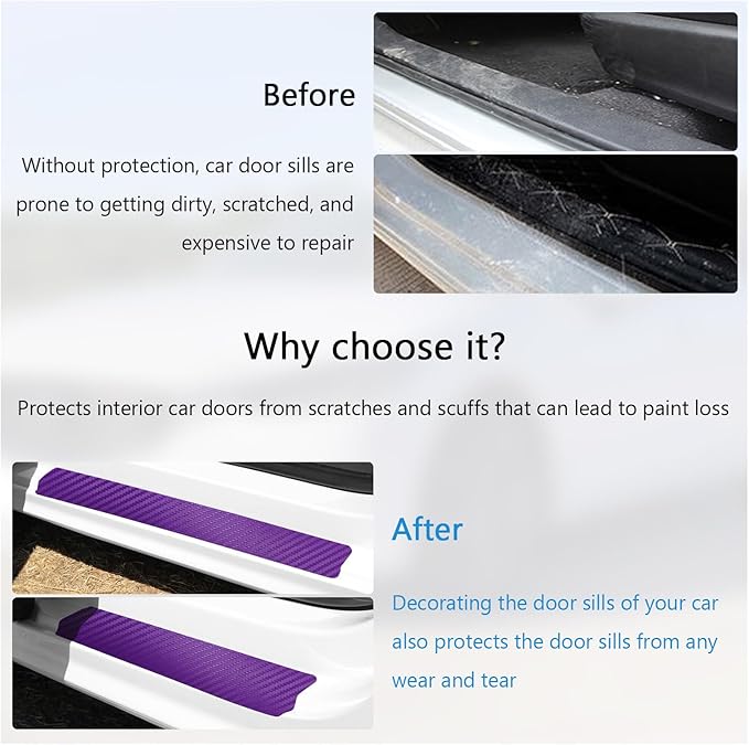 Dickno 4 PCS Car Door Sill Protector, 3D Carbon Fiber Auto Door Entry Edge Guard Protection Trim, Anti-Scratch Threshold Cover Strips, Sill Protection Sticker for Car SUV Truck (Purple)
