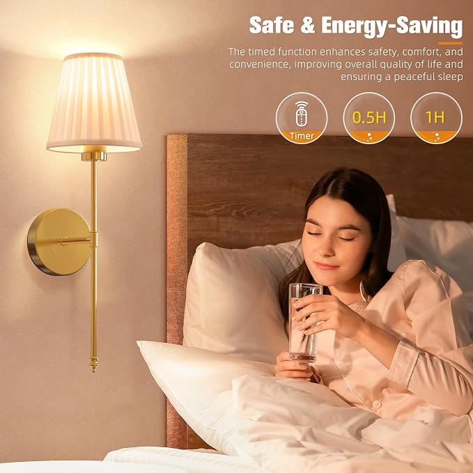 NIORSUN 19.9 inch Battery Operated Wall Sconce Set of 2,Beige Gold Rechargeable Wall Lights with 10400mAh Dimmable Bulbs and Remote, 9 Colors Wireless Wall Lamps for Bedroom Living Room Decor