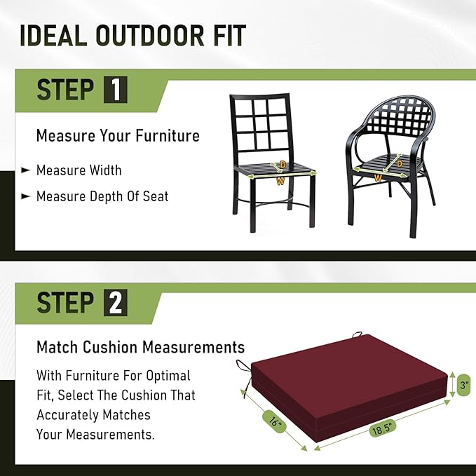Basic Beyond Outdoor Chair Cushions Set of 6, Square Corner Outdoor Cushions for Patio Furniture, Water Resistant Patio Chair Cushions with 2 Ties, 18.5x16x3, Burgundy