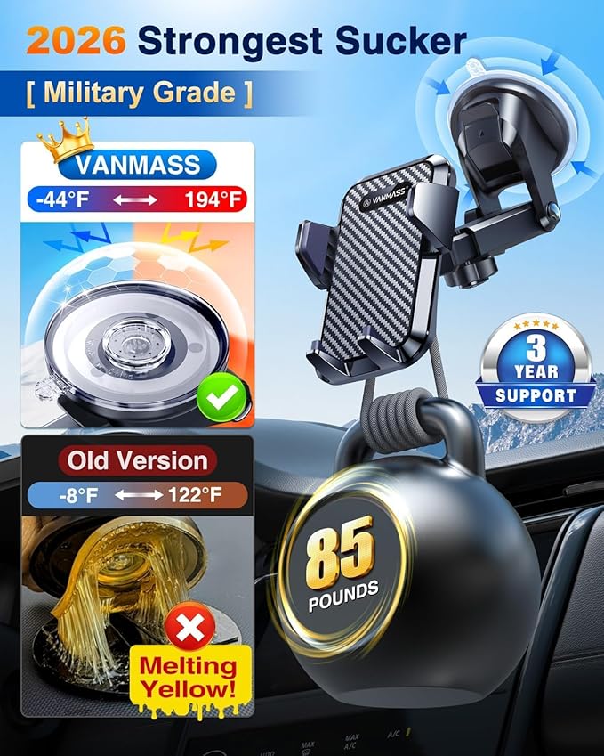 VANMASS【85+LBS Strongest Suction & Military-Grade Ultimate Car Phone Mount【Patent & Safety Certs】 Cell Phone Holder for Dash Windshield Vent for iPhone 17 Pro Max Automobile Accessory Kits,Ink Black