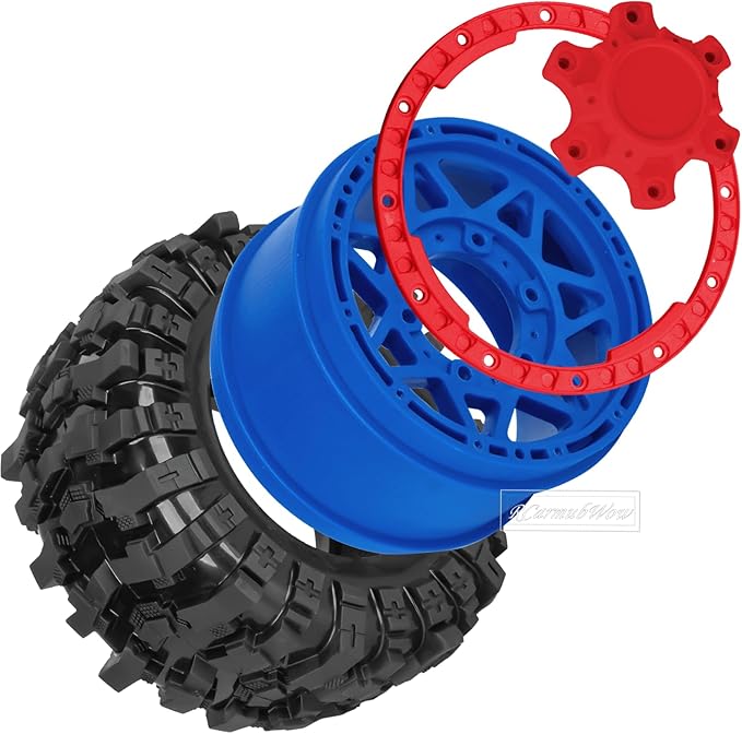 1/10 Scale RC Truck Tires,Wheels and Tires w/12/14/17MM Hex for Rustler Stampede Hoss, Granite Vorteks Big Rock 3S,1/10 Off Road Tires Rubber Truck Tyres w/Foam Insert,Navy Blue w/Red