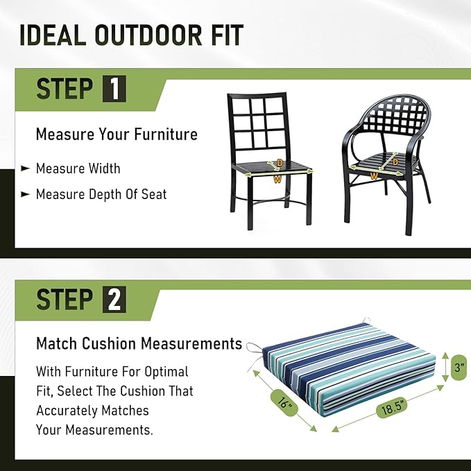 Basic Beyond Outdoor Chair Cushions Set of 6, Square Corner Outdoor Cushions for Patio Furniture, Water Resistant Patio Chair Cushions with 2 Ties, 18.5x16x3, Pinstriped Blue