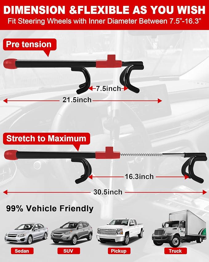Tevlaphee Car Steering Wheel Lock Great Deterrent Adjustable Car Lock Steering Wheel Anti Theft Car Device for Vehicles,Trucks,Vans,SUVs (Black)