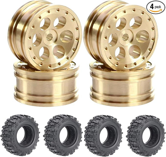 4pcs SCX30 Brass Offset 0.7'' Wheels Set with Rubber Tires Sponge Insert for AXIAL SCX30 Ford Bronco JEEP WRANGLER JLU RC Crawler Upgrade Part ﻿ (Golden 6-hole set)