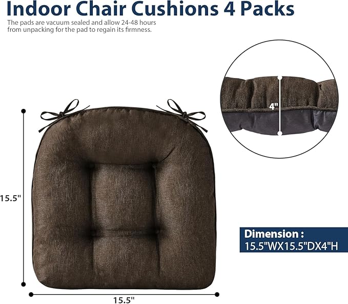 IASEAHK Chair Cushions for Dining Chairs, Seat Cushions for Kitchen Chairs, Indoor Seat Cushions with Ties, Tufted Foam Chair Pads, Non Slip Chair Cushions Set of 2, 15.5" x 15.5" x 4", Brown