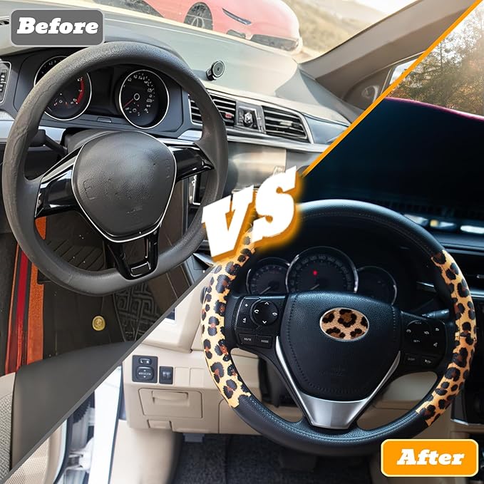 Universal Leather Leopard Cheetah Steering Wheel Cover Women 14.5-15 inch Leopard car Accessories Western Anime Brown Cute Wheel Cover Hip Hop Anti-Slip Car Protecter for Men