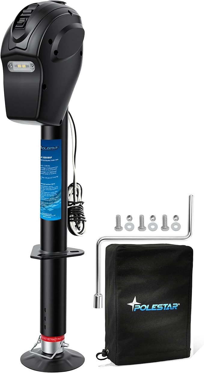 POLESTAR Electric Trailer Jack, 5000lbs Electric Power A-Frame Tongue Jack with Waterproof Protective Cover & LED Light for Travel Trailer Camper, RV, 12V DC with Hard Wiring, 9"-27" Lift