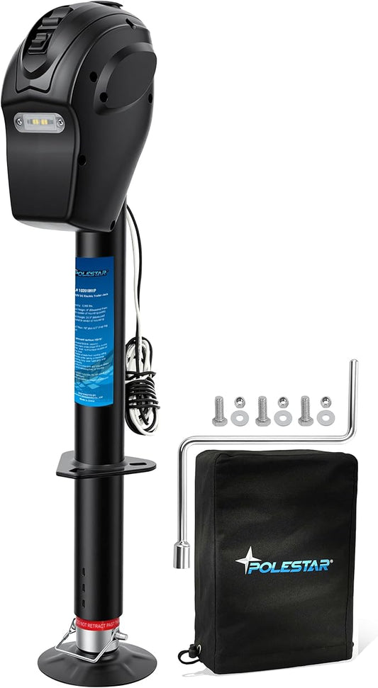 POLESTAR Electric Trailer Jack, 5000lbs Electric Power A-Frame Tongue Jack with Waterproof Protective Cover & LED Light for Travel Trailer Camper, RV, 12V DC with Hard Wiring, 9"-27" Lift