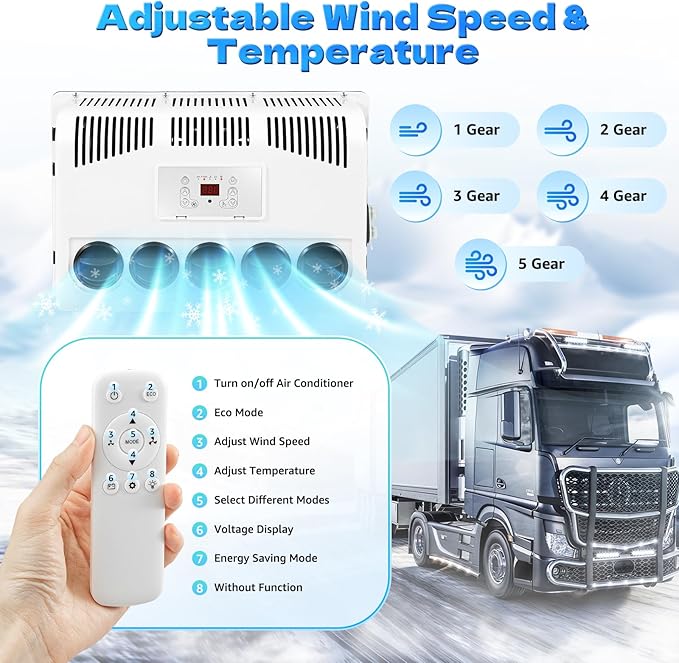 12V 11000 BTU Split Truck Cab Air Conditioner, Heavy Duty AC Unit with Remote Control for Semi Trucks, Buses, RVs, Caravans, Commercial Vehicles – 400-600W, R134A, Red/White