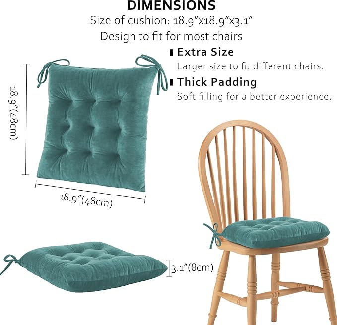 ELFJOY Chair Cushions for Dining Chairs Set of 4 Kitchen Seat Cushions Indoor Velvet Seat Pad with Ties for Dining Office Living Room (18" x 18", Green)