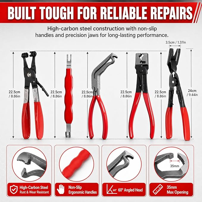 Automotive Electrical Disconnect Pliers Kit 5pc Fuel Line Tool Set Hose Clamp 60° Angled Connector Separator Trim Clip Removal Tools Plug Release & Wire Terminal Remover for Auto Repair