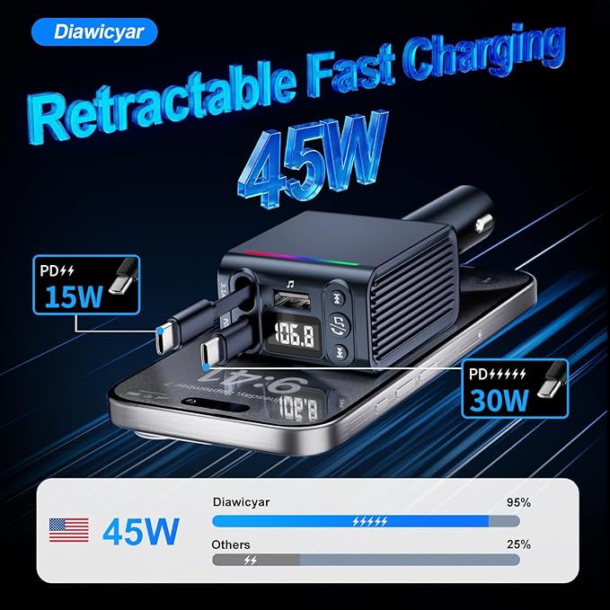 FM Transmitter Bluetooth Car Adapter - 45W Retractable Car Charger [PD 30W & QC3.0] Wireless Radio FM Bluetooth Transmitter for Old Cars, Hands-Free Calling, Black