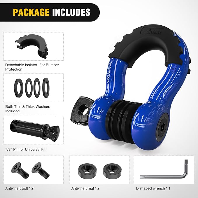 Nilight 3/4 inch D Ring Shackle 2 Pack 19T (41,887 lbs) Break Strength 4.75T WLL Heavy Duty Towing Hook with Anti-Theft System Anti-Rattle Isolators for Truck Jeep SUV ATV UTV Recovery Blue