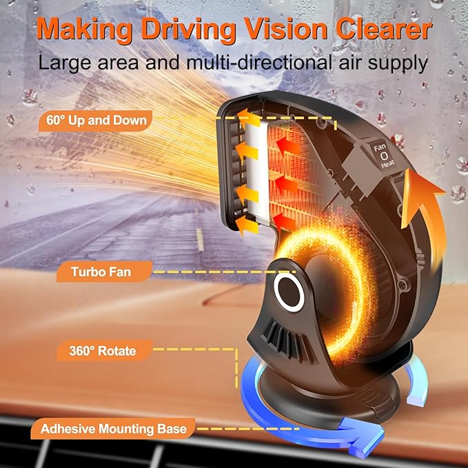 Car Heater,12V Portable Heaters for Car,Plugs into Cigarette Lighter,360° Adjustable Fast Heating Auto Car Window Defroster Windshield Defogger,2 in 1 Heating & Cooling Automobile Heater(Black)