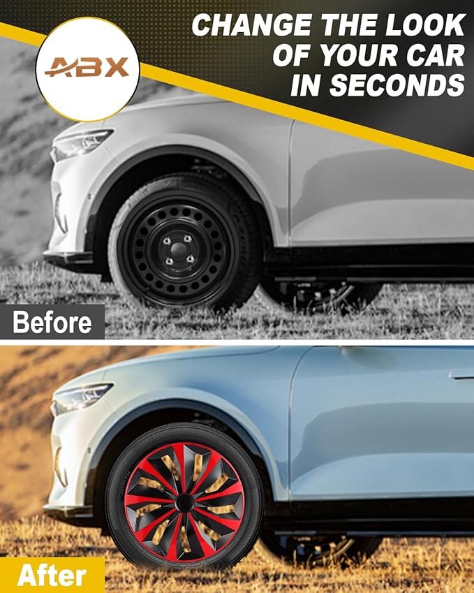 ABX Hubcaps,16 inch hubcaps Set of 4, Wheel Rim Cover ABS Material, Snap On Car Truck SUV Replacement, for Toyota Camry Nissan Mazda etc, Black & Red
