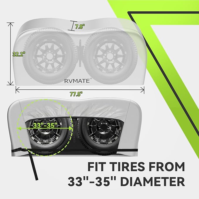 RVMATE RV Tire Covers, Dual Axle Wheel Cover (2 Pack) Fits 33"-35" Diameter Tires, Waterproof Anti-UV 420D Oxford Silver Dual Tire Covers RV Accessories for RV/Truck/Trailer