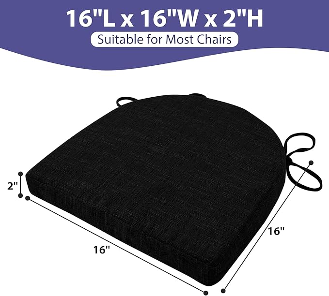 IPYNBAP Chair Cushions for Dining Chairs, Kitchen Chair Cushions, 16'' x 16'' x 2'', Non Slip Indoor Seat Cushions, Chair Pads for Dining Chairs with Ties & Removable Cover, Set of 4, Black