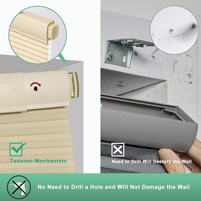 Tonature No Drill Cellular Shades for Indoor Windows, Thermal Insulating & Noise Reducing Honeycomb Blinds, Free Stop Cordless Light Filtering Shades, Beige,39 1/2" W x 64" H