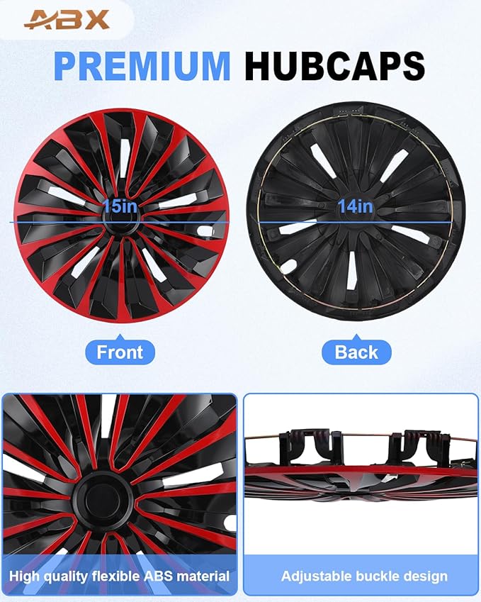 ABX Hubcap Wheel Covers Hub Caps 15 Inch Set of 4 Black & Red Universal Wheel Rim Cover R15 Stylish Car Decor Wheel Covers for Toyota Camry Nissan Mazda (TT Black & Red, 15 inch)