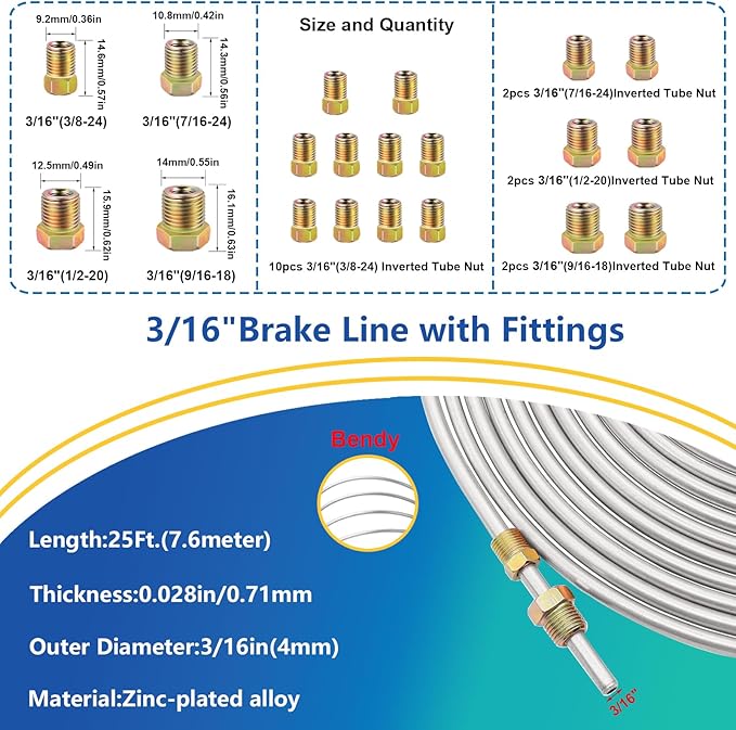 smseace 55Pack 3/16 Inch+3/16 Inch Brake line kit Include 25 FT Zinc-Plated Brake Lines with Fitting(32pcs Fittings,4pcs Union+8pcs Nut) Brake line Bender,Single Flare Tool,Cutter Brake line kit
