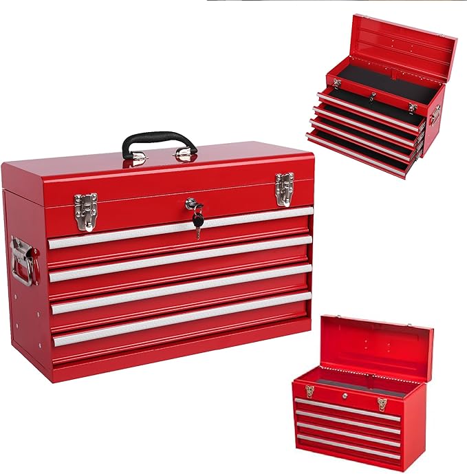 21" Portable 4 Drawer Steel Toolbox, 5 Layers of Tools with Metal Latches, with Top Storage Tray and Carrying Handle, Multi-Function Tool Chest for Garage, Home,or Workbench（red）