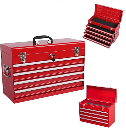 21" Portable 4 Drawer Steel Toolbox, 5 Layers of Tools with Metal Latches, with Top Storage Tray and Carrying Handle, Multi-Function Tool Chest for Garage, Home,or Workbench（red）