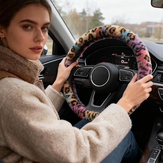Cheetah Leopard Print Fuzzy Steering Wheel Cover for Women, Universal Auto Steering Wheel 14-15 Inch Soft Warm Car Interior Accessories with 2PCS Car Coasters, Suitable for Men and Women