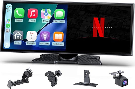 Wireless CarPlay Screen with Net-Flix YouTube, 1080P HD Touchable 10.26-inch Screen and AHD Backup Camera, Compatible with Apple CarPlay & Android Auto, Bluetooth, TF, FM, Siri