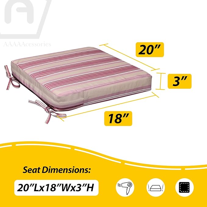 AAAAAcessories Outdoor Seat Cushions for Chairs, Waterproof, Fade-Resistant, 20" x 18" x 3", Patio Furniture Replacement Cushions, Set of 2, Dusty Rose Garden Stripe