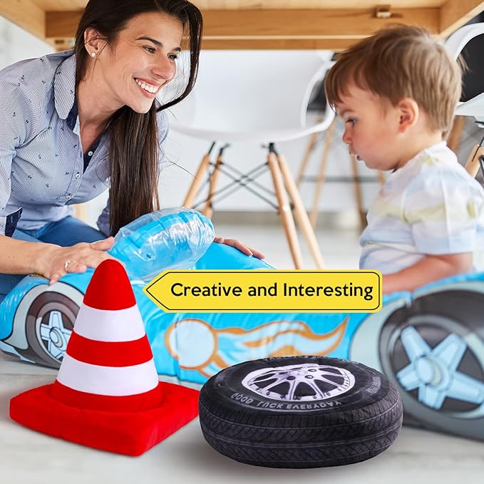 Woanger 2 Pcs Race Car Room Decor Racing Plush Throw Pillow Set Gift 15.7 Inch Soft 3D Simulation Wheel Pillow Funny Tire Cone Traffic Light and Stop for Valentines Bedroom Decorations(Traffic Cone)