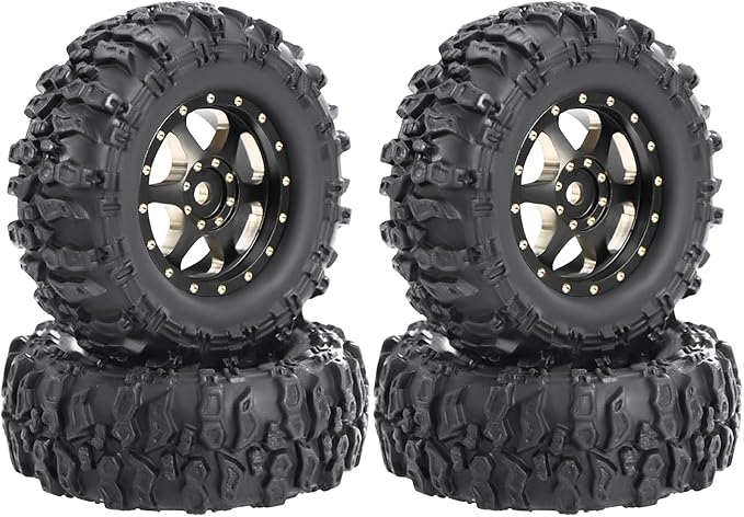 4pcs SCX30 Brass Offset 0.7'' Wheels Set with Rubber Tires Sponge Insert for AXIAL SCX30 Ford Bronco JEEP WRANGLER JLU RC Crawler Upgrade Part ﻿ (Black 6-hole set)